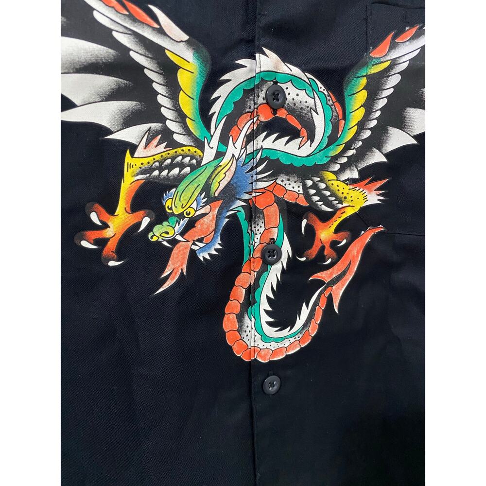 Ed Hardy Tattoo Dragon Button Up Shirt Mens XL Black Graphic Spell Out Y2K Style